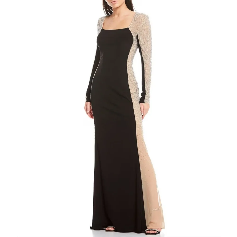 NWT Escape Caviar Beaded Mesh Panel Long Sleeve Sheath Gown Size 14 - Picture 3 of 6